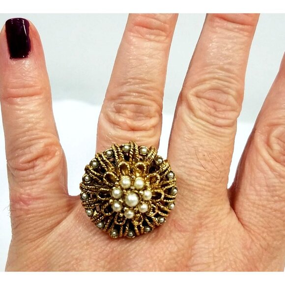 Vintage Gold-Tone Adjustable Costume Ring Faux Pearl Cluster Design Cocktail - Picture 3 of 7